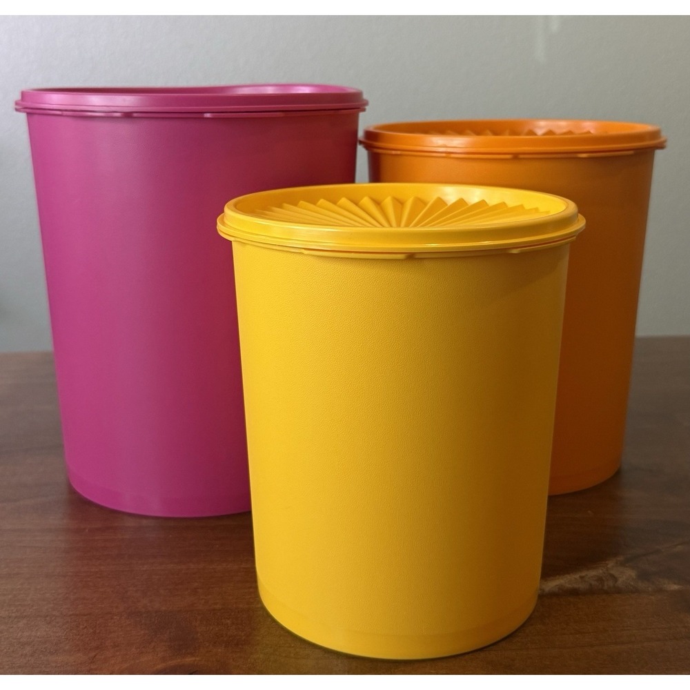 Tupperware Set of 3 Large Nesting Canisters Yellow 2.7L Orange 4L Berry 5.7L